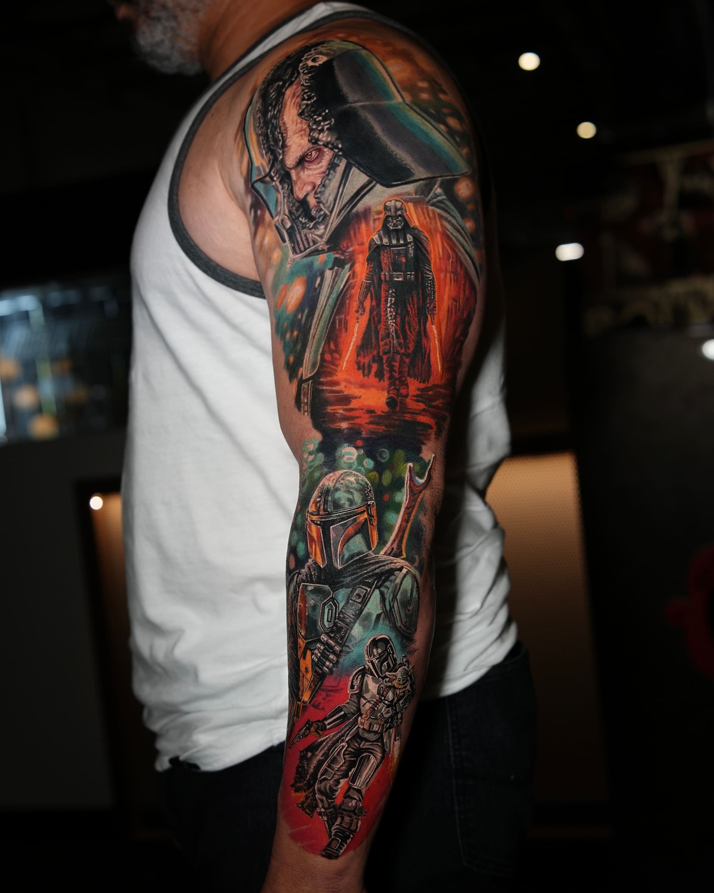 Full color realism Star Wars sleeve tattoo with Darth Vader and the Emperor, by Rivas Indeed, San Juan, Puerto Rico
